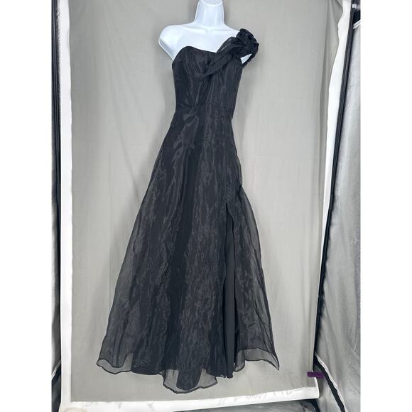 Lulus Dress Small Black Maxi Organza Off Shoulder Ruffle Event Party Sleek Slit - Picture 2 of 9